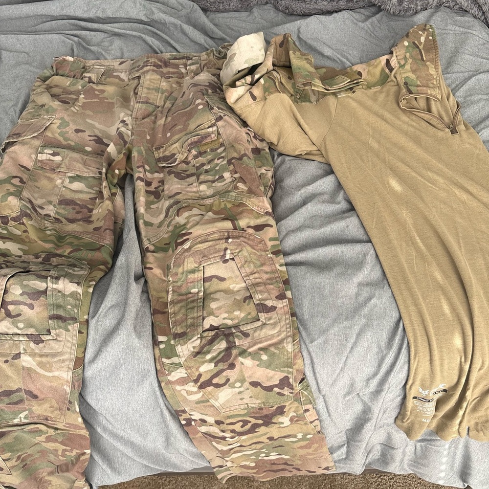 Camouflage Cargo Pants and Tan Shirt Set